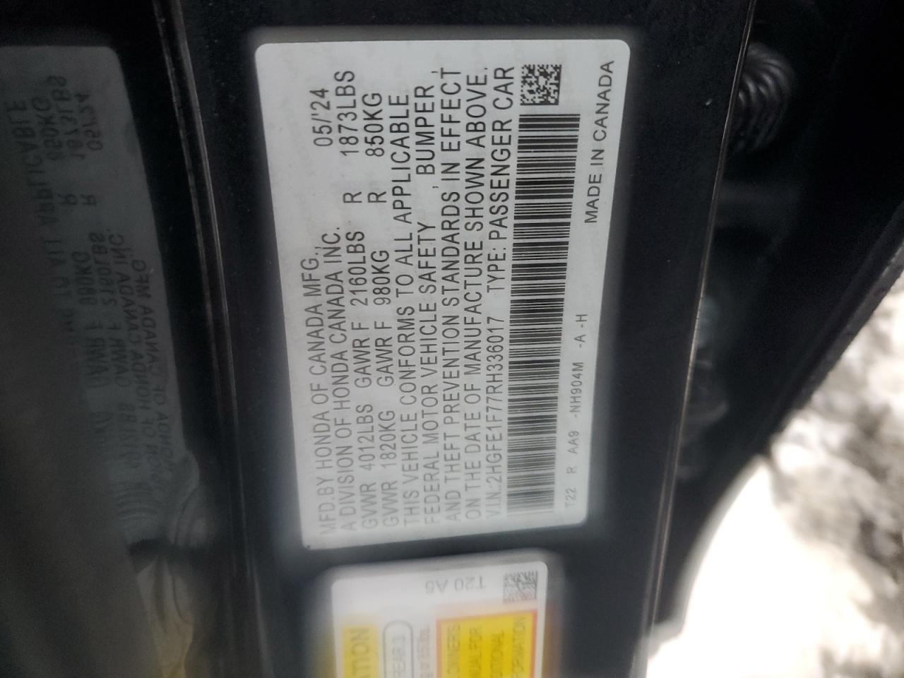 2HGFE1F77RH336017 HONDA CIVIC 2024