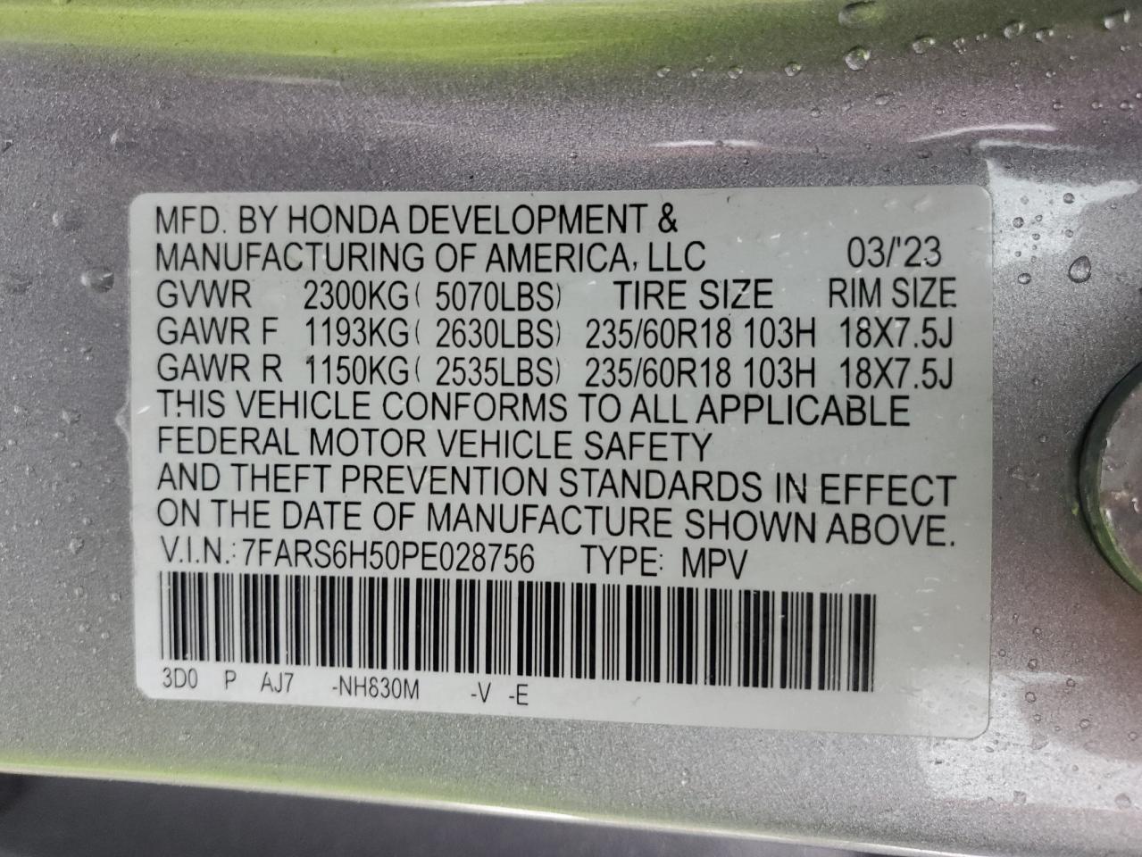 7FARS6H50PE028756 HONDA CRV 2023