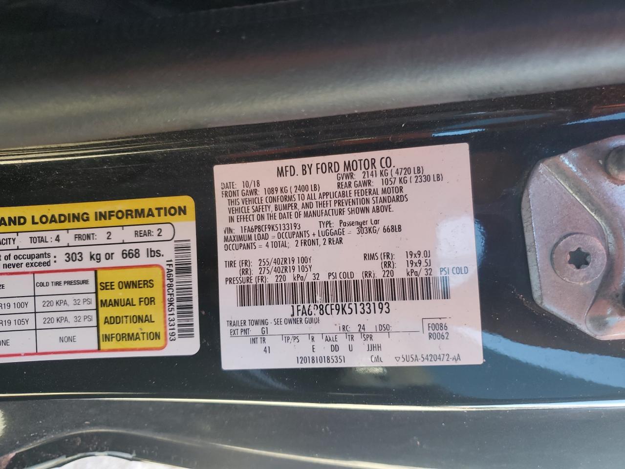 1FA6P8CF9K5133193 FORD MUSTANG 2019