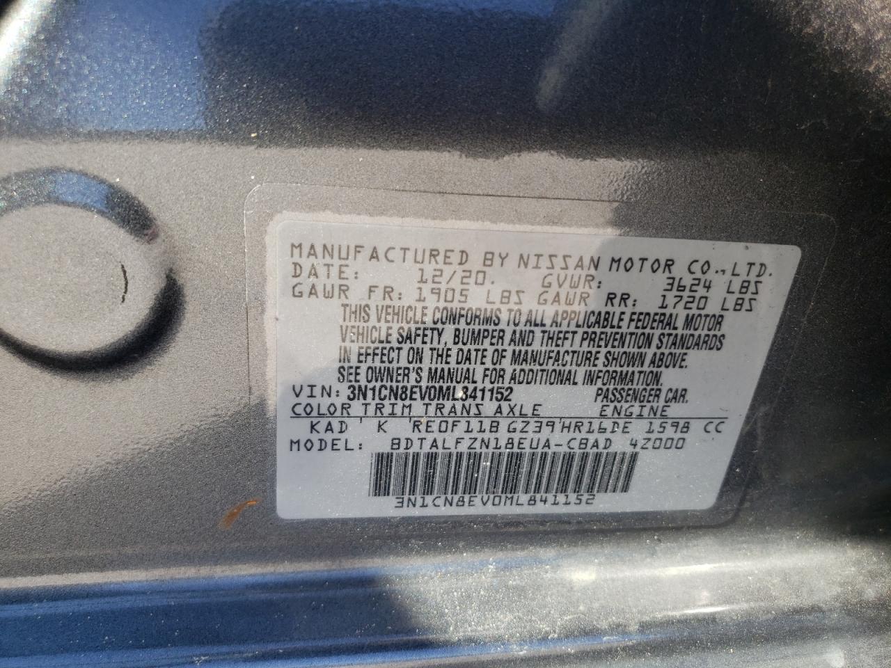 3N1CN8EV0ML841152 NISSAN VERSA 2021