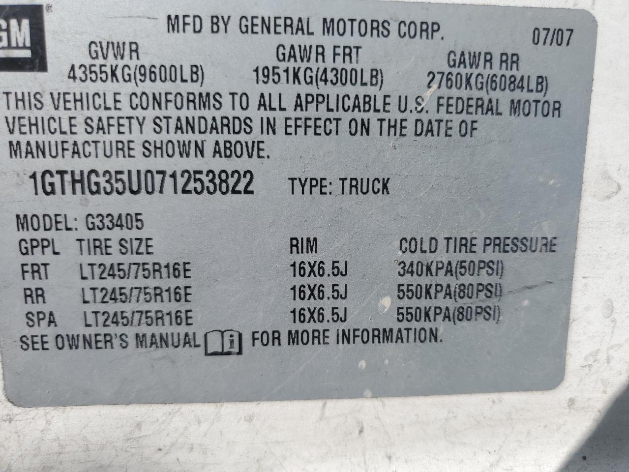 2007 GMC Savana G3500 VIN: 1GTHG35U071253822 Lot: 43987055