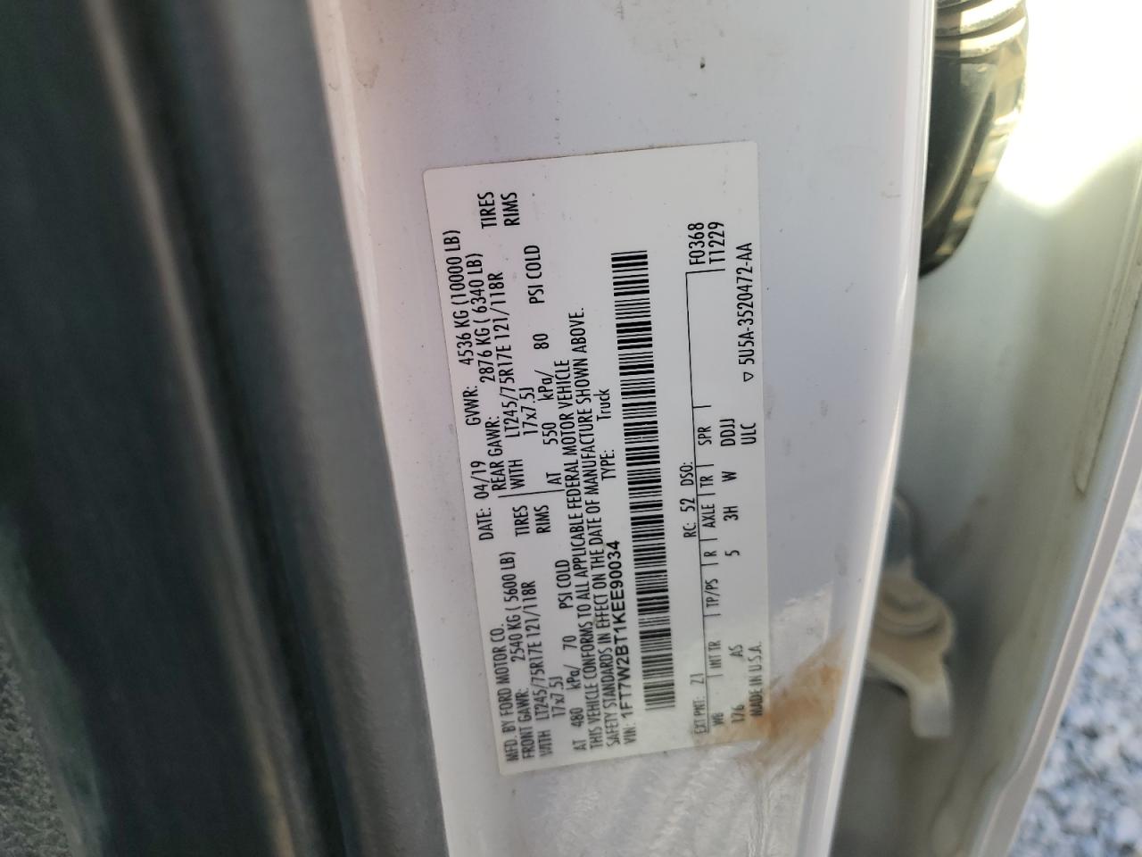 1FT7W2BT1KEE90034 FORD F250 2019