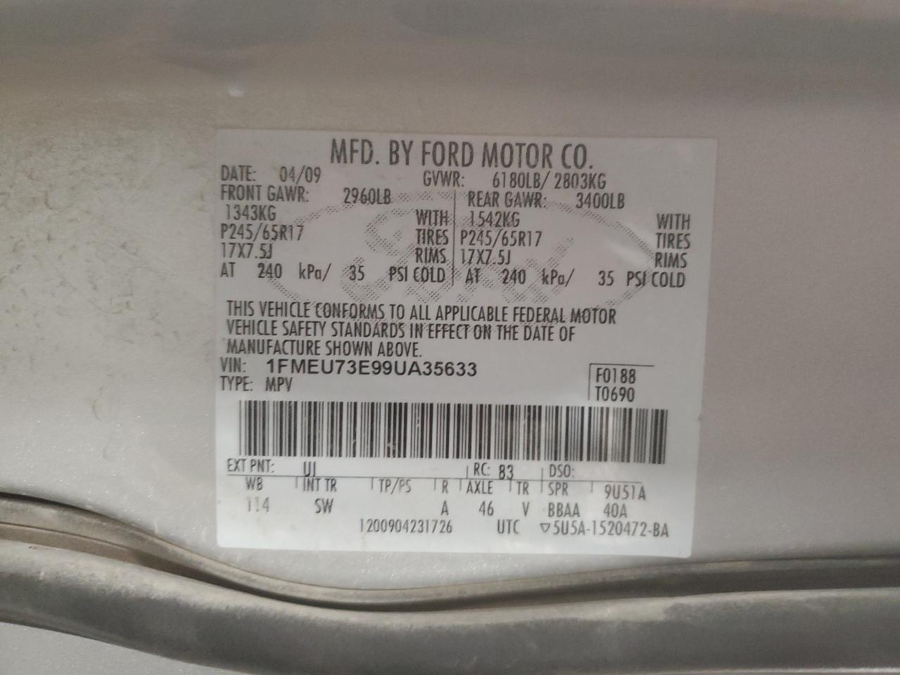 2009 Ford Explorer Xlt VIN: 1FMEU73E99UA35633 Lot: 50572125