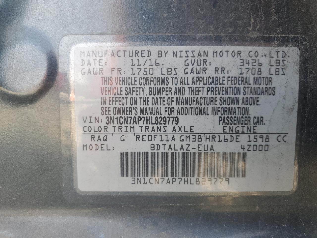 3N1CN7AP7HL829779 NISSAN VERSA 2017