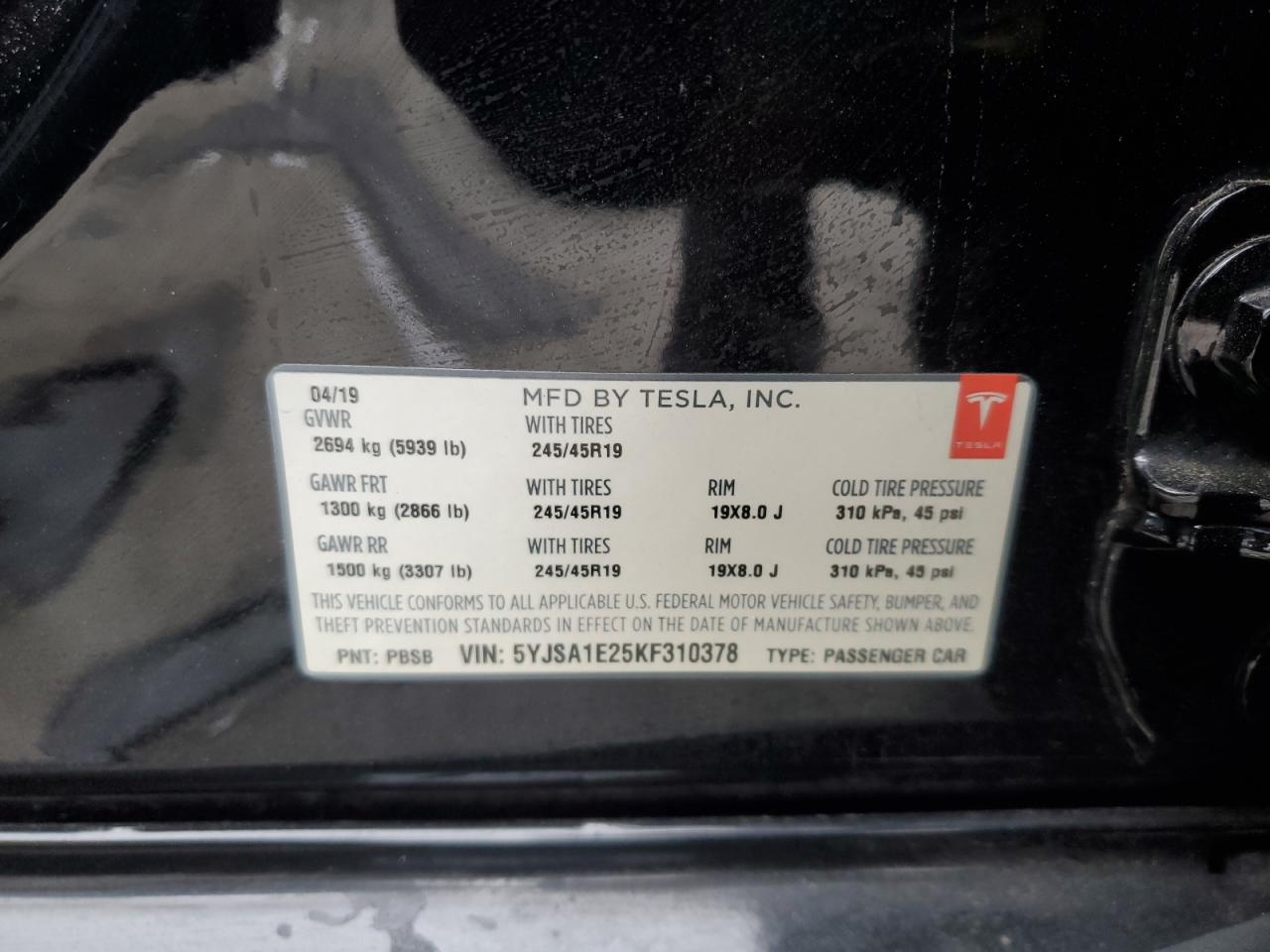 5YJSA1E25KF310378 TESLA MODEL S 2019