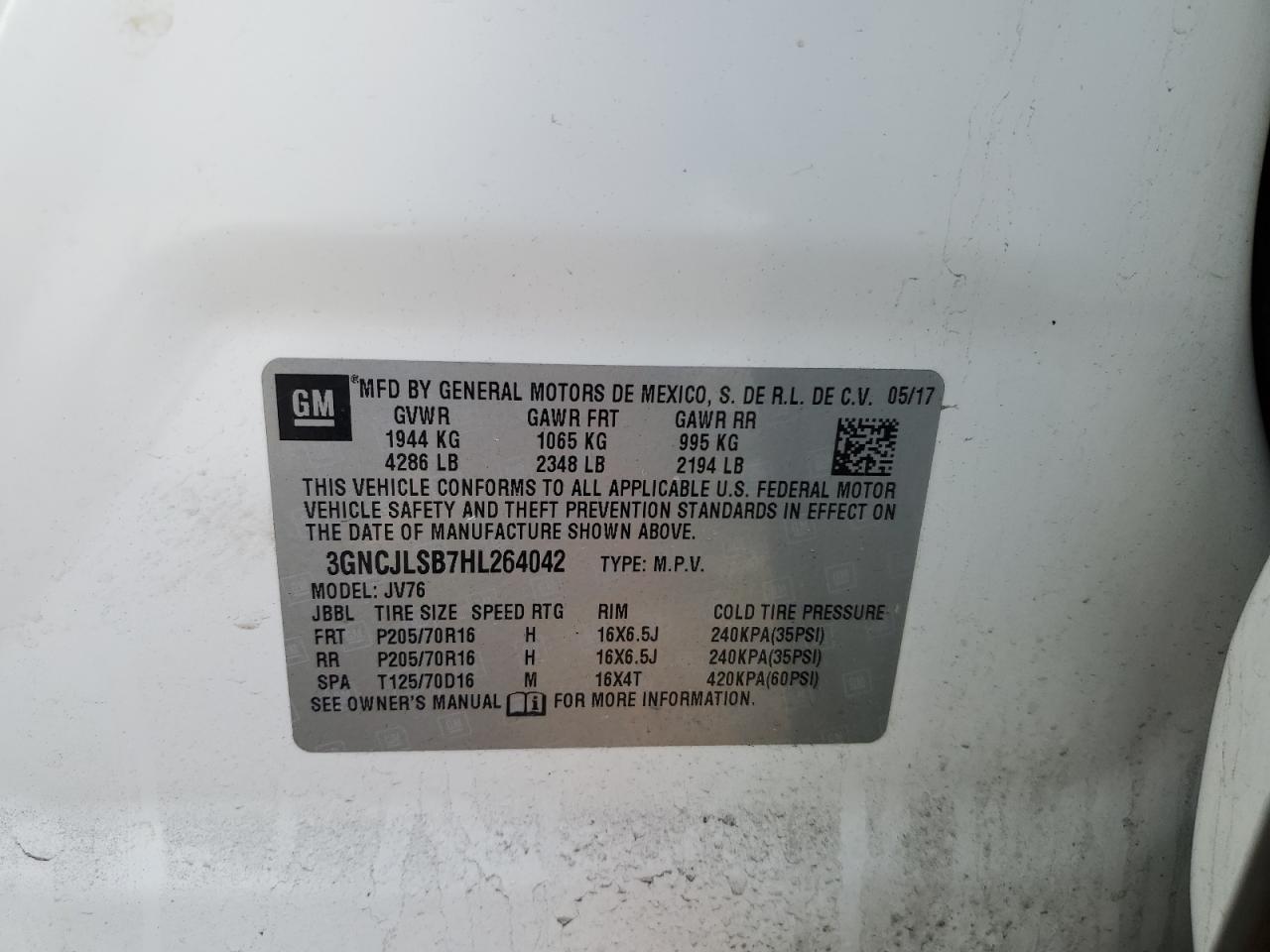 3GNCJLSB7HL264042 CHEVROLET TRAX 2017