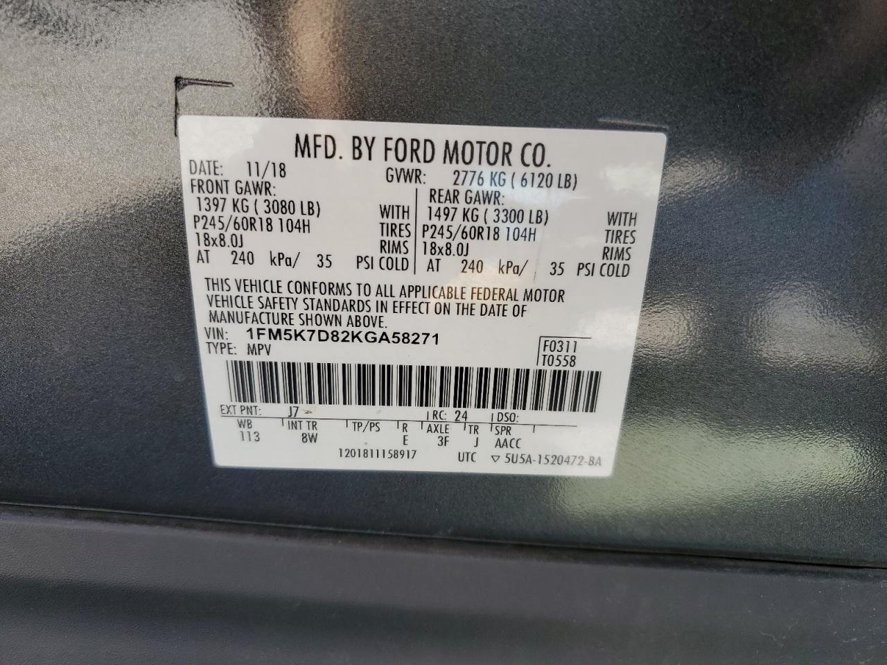 1FM5K7D82KGA58271 FORD EXPLORER 2019