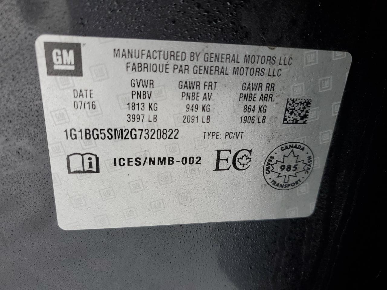 1G1BG5SM2G7320822 CHEVROLET CRUZE 2016