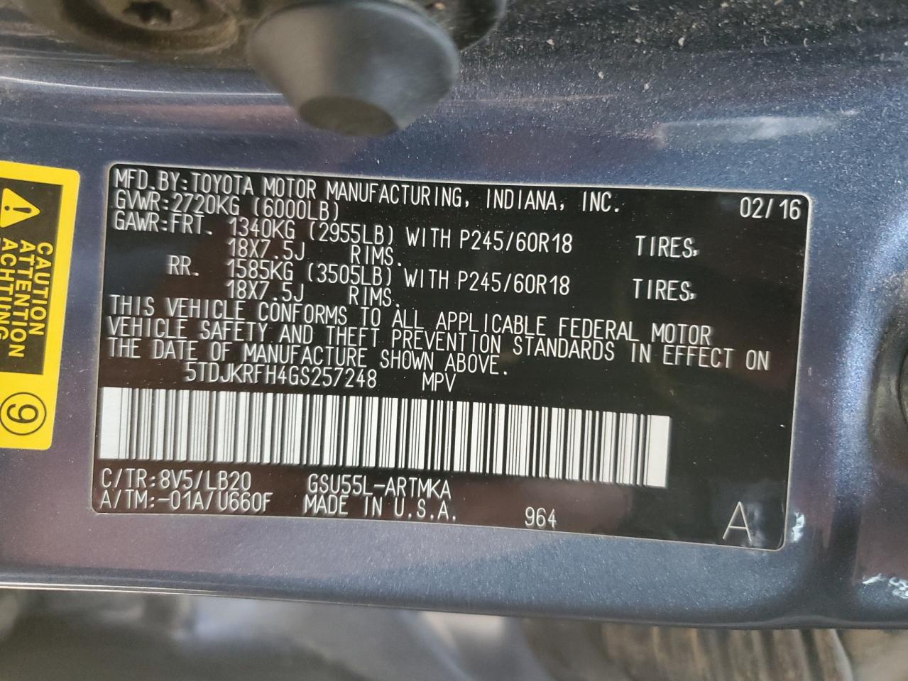 5TDJKRFH4GS257248 TOYOTA HIGHLANDER 2016