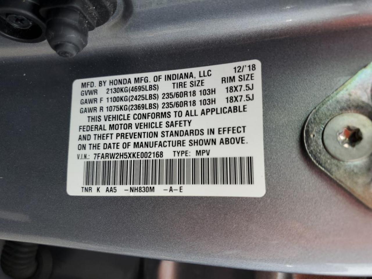 7FARW2H5XKE002168 HONDA CRV 2019
