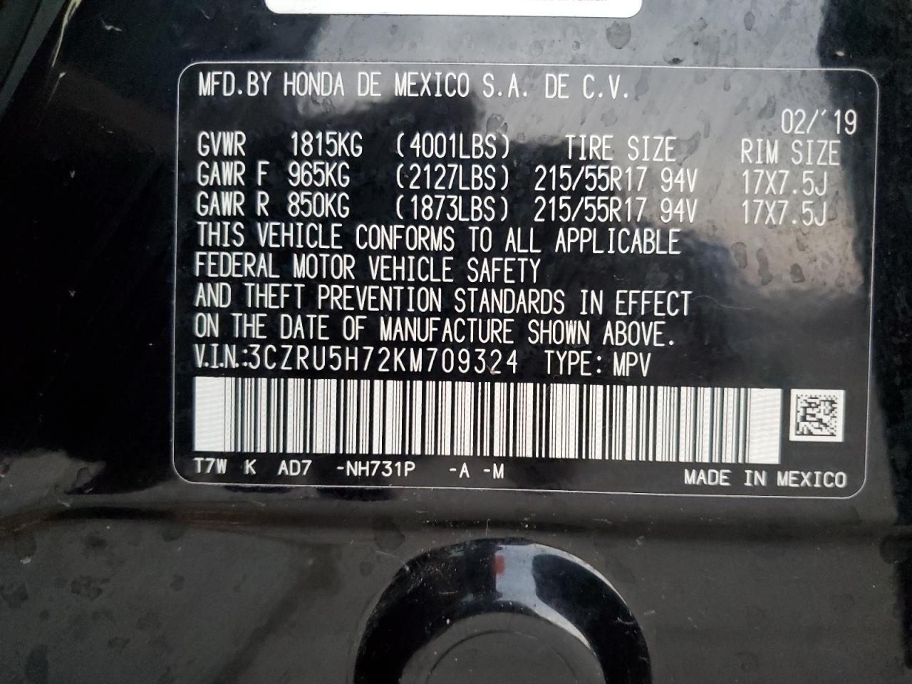 3CZRU5H72KM709324 HONDA HR-V 2019