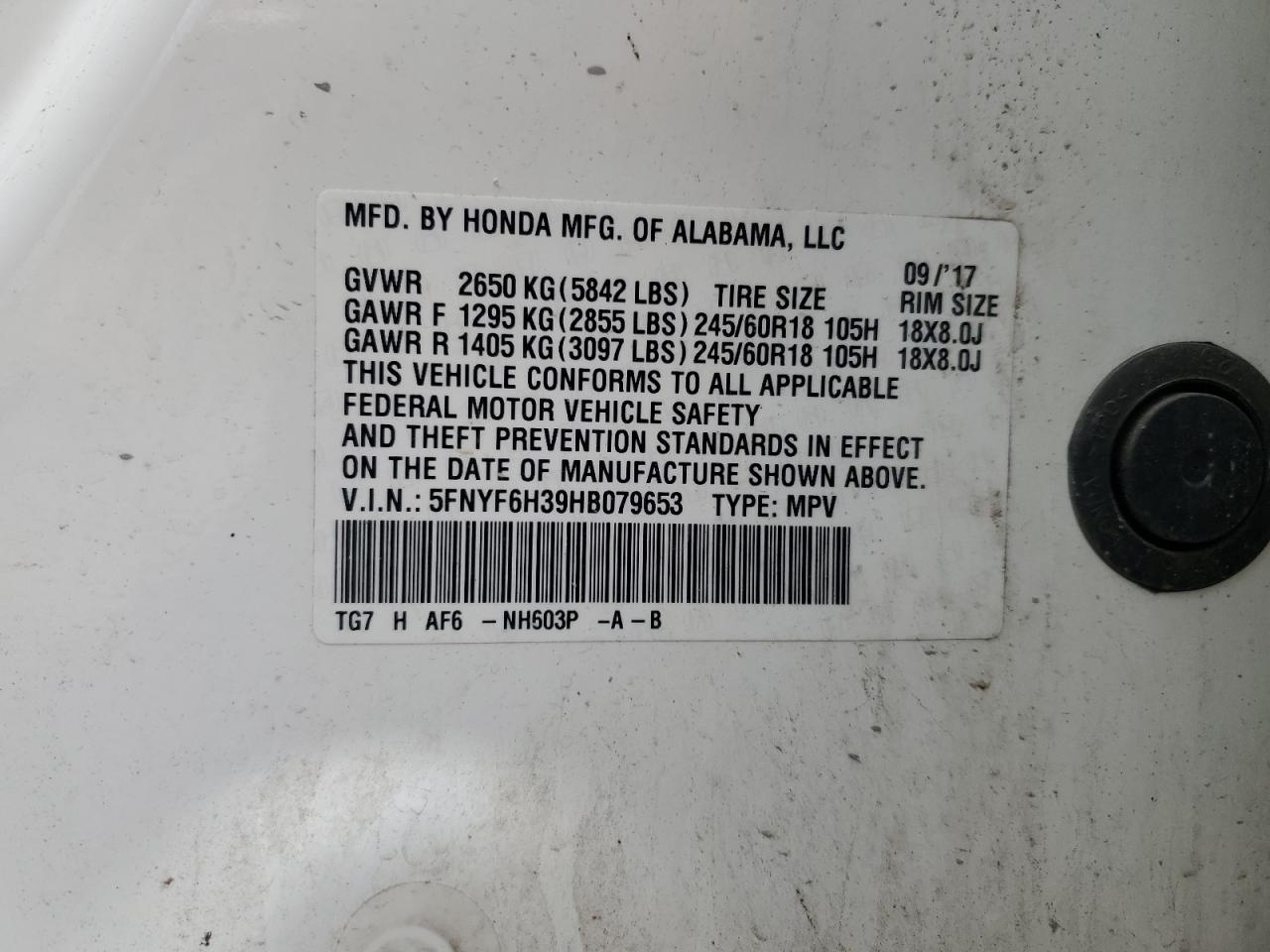 5FNYF6H39HB079653 HONDA PILOT 2017