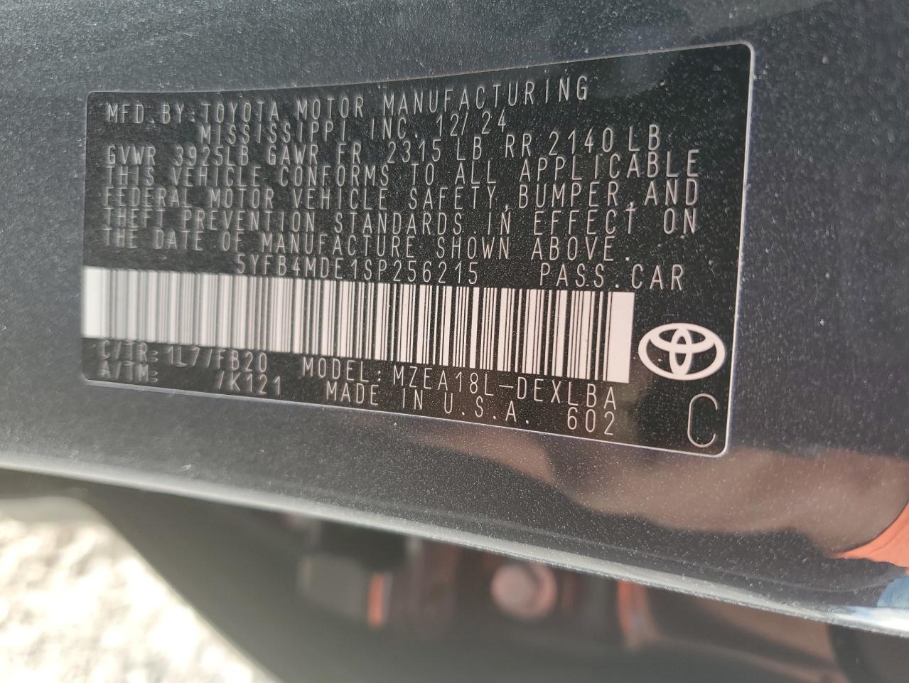 5YFB4MDE1SP256215 TOYOTA COROLLA 2025