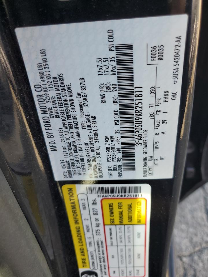 3FA6P0SU9KR251811 FORD FUSION 2019