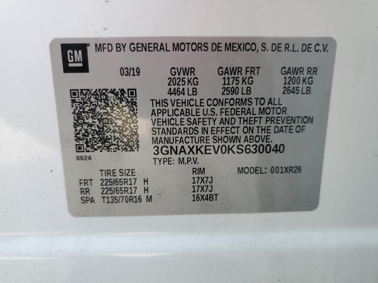 3GNAXKEV0KS630040 CHEVROLET EQUINOX 2019