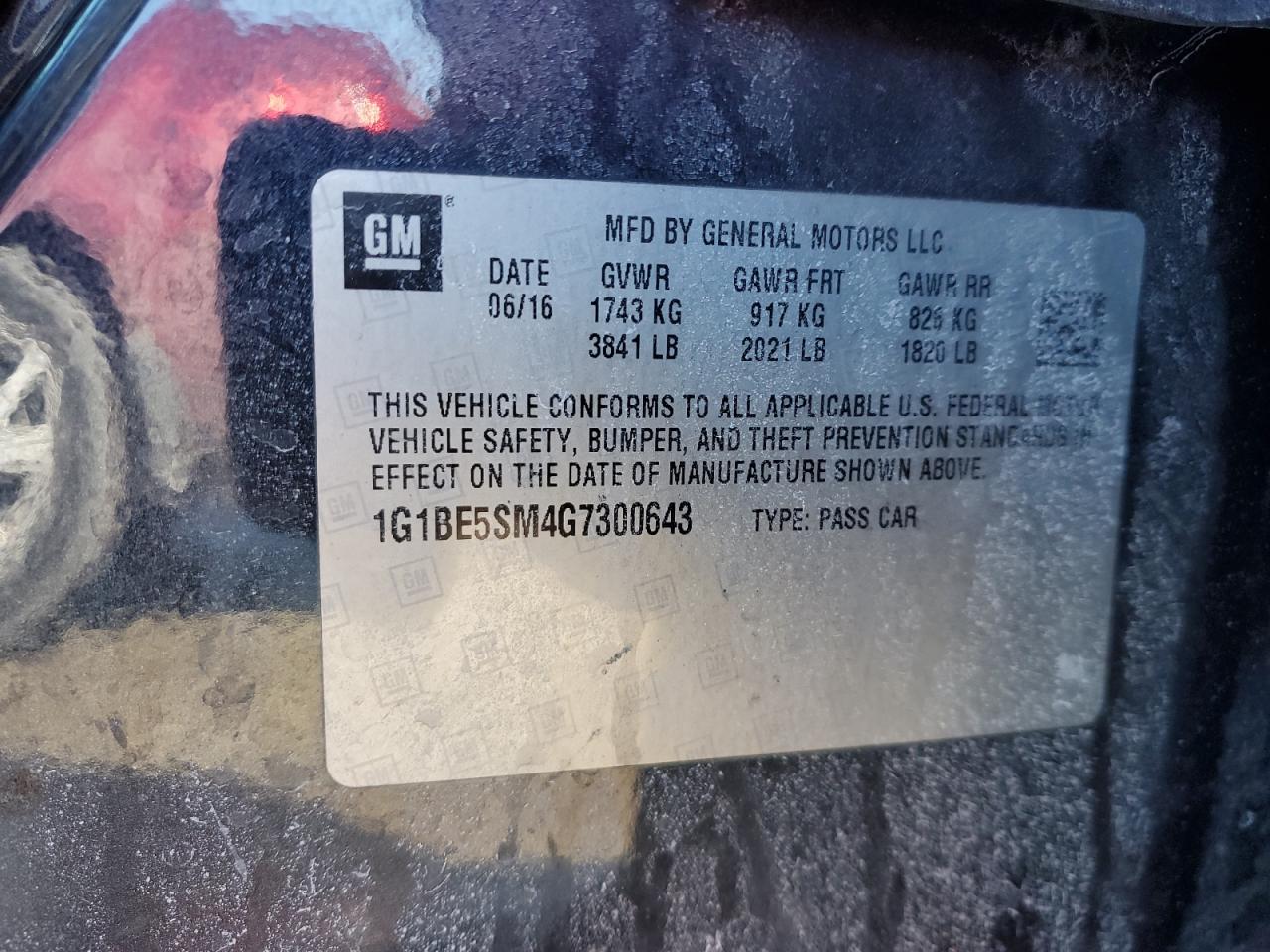 1G1BE5SM4G7300643 CHEVROLET CRUZE 2016
