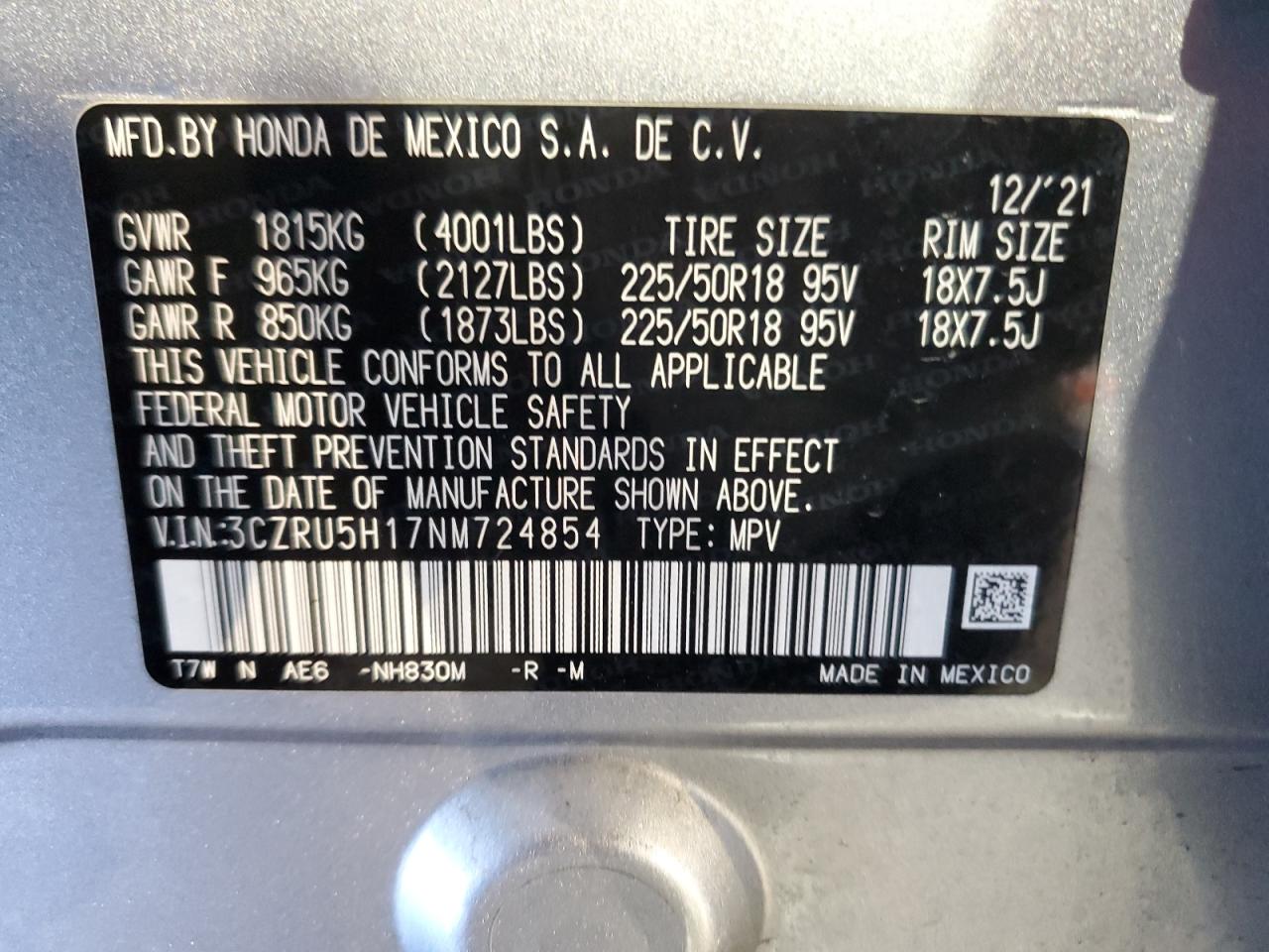 3CZRU5H17NM724854 HONDA HR-V 2022