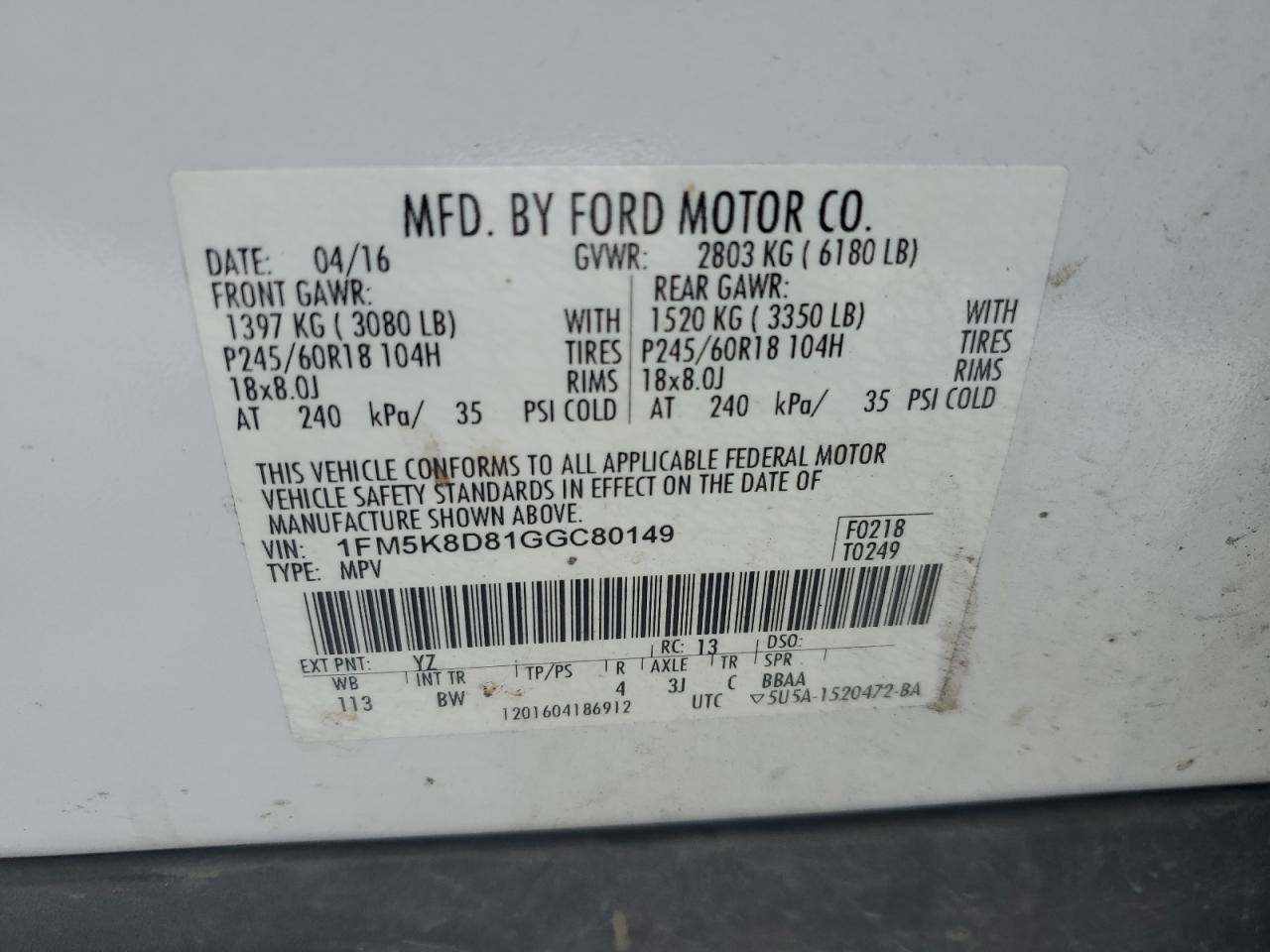 1FM5K8D81GGC80149 FORD EXPLORER 2016