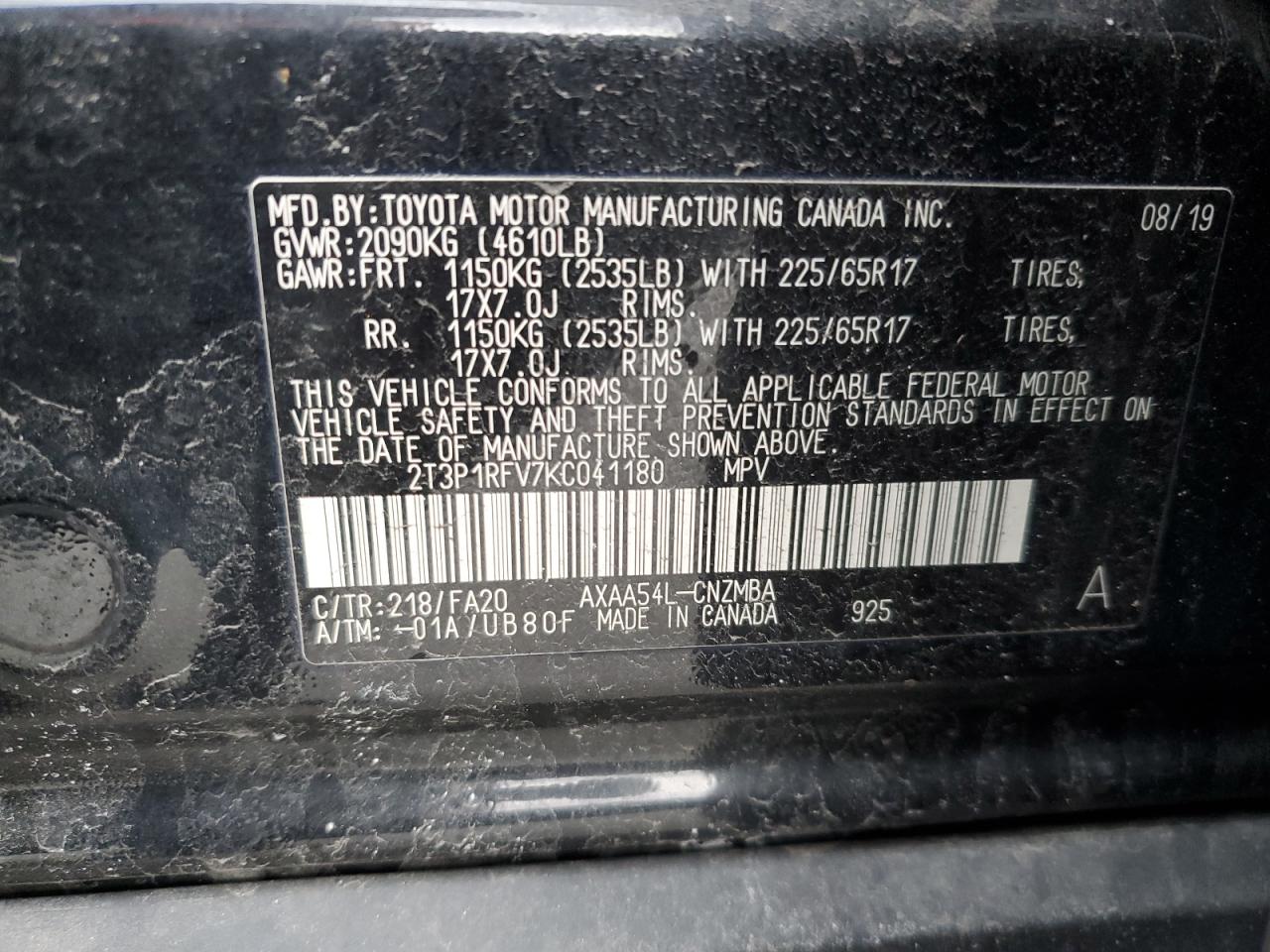 2T3P1RFV7KC041180 TOYOTA RAV4 2019