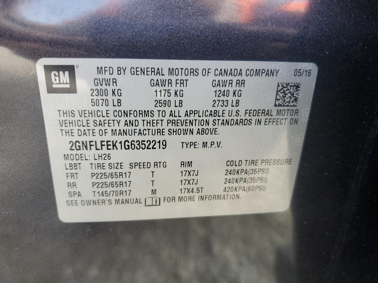 2GNFLFEK1G6352219 CHEVROLET EQUINOX 2016