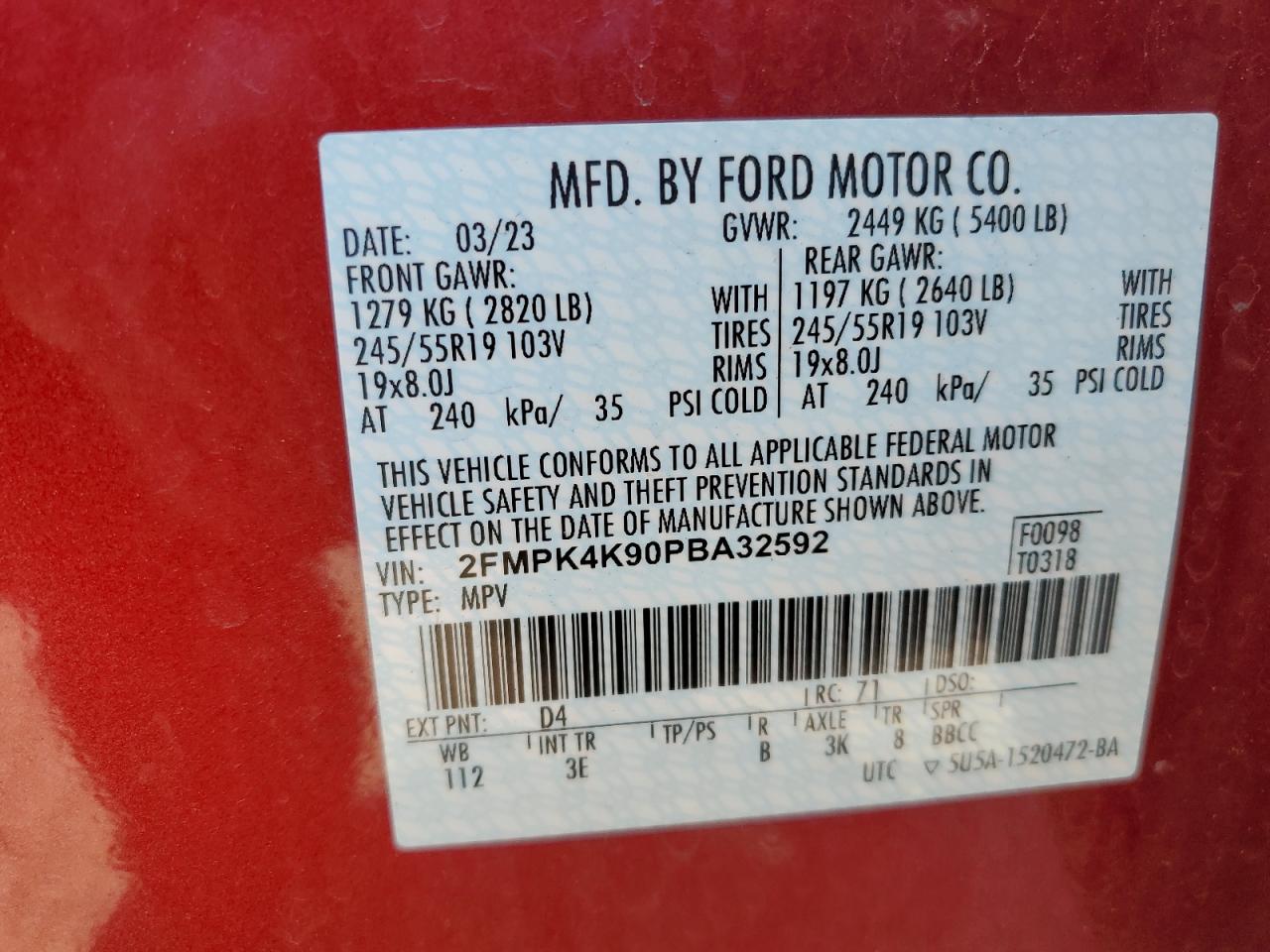2FMPK4K90PBA32592 FORD EDGE 2023