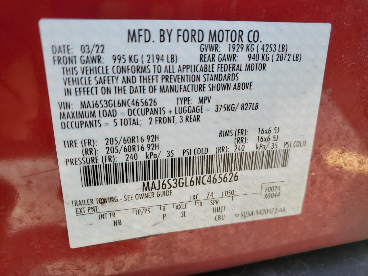 MAJ6S3GL6NC465626 FORD ECOSPORT 2022