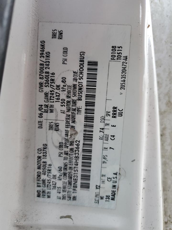 2004 Ford Econoline E350 Super Duty Wagon VIN: 1FBNE31S14HB33662 Lot: 43528915
