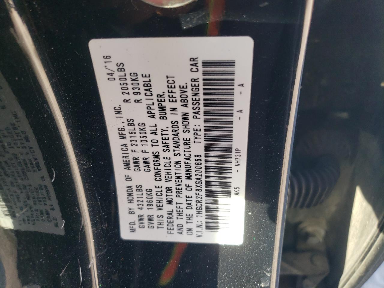 1HGCR2F8XGA200868 HONDA ACCORD 2016