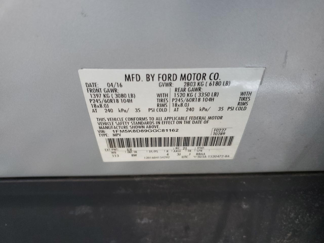 1FM5K8D89GGC81162 FORD EXPLORER 2016