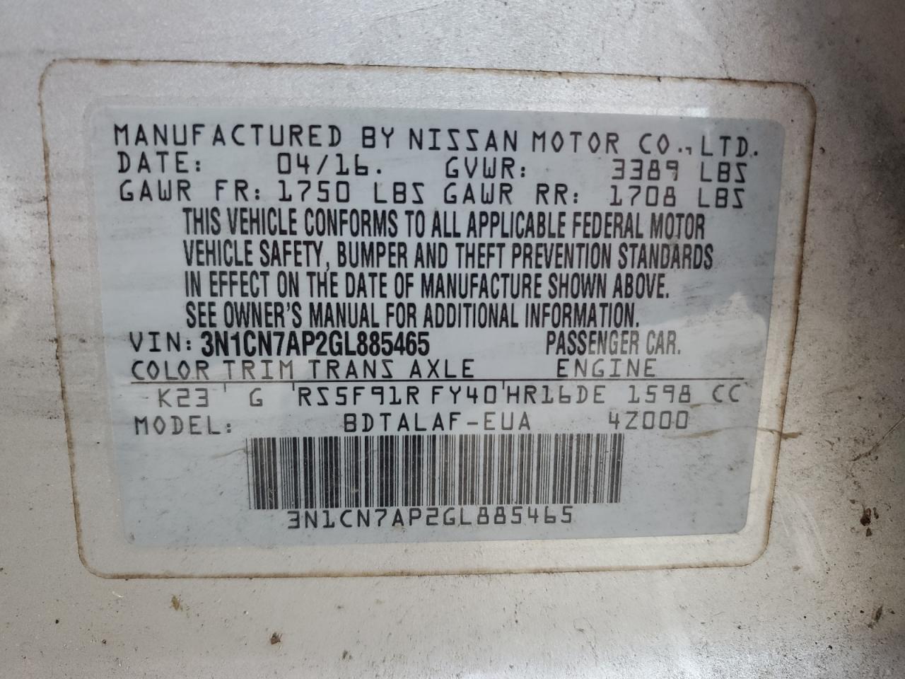 3N1CN7AP2GL885465 NISSAN VERSA 2016