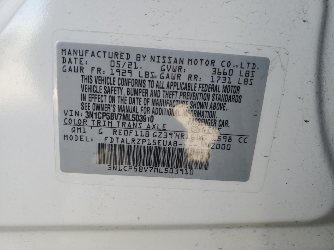3N1CP5BV7ML503910 NISSAN KICKS 2021