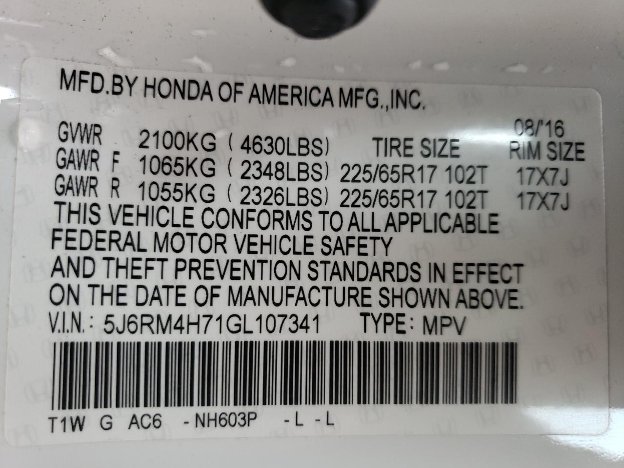 5J6RM4H71GL107341 HONDA CRV 2016