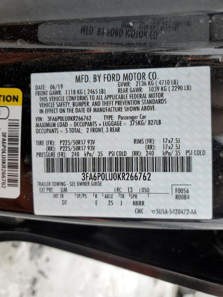 3FA6P0LU0KR266762 FORD FUSION 2019