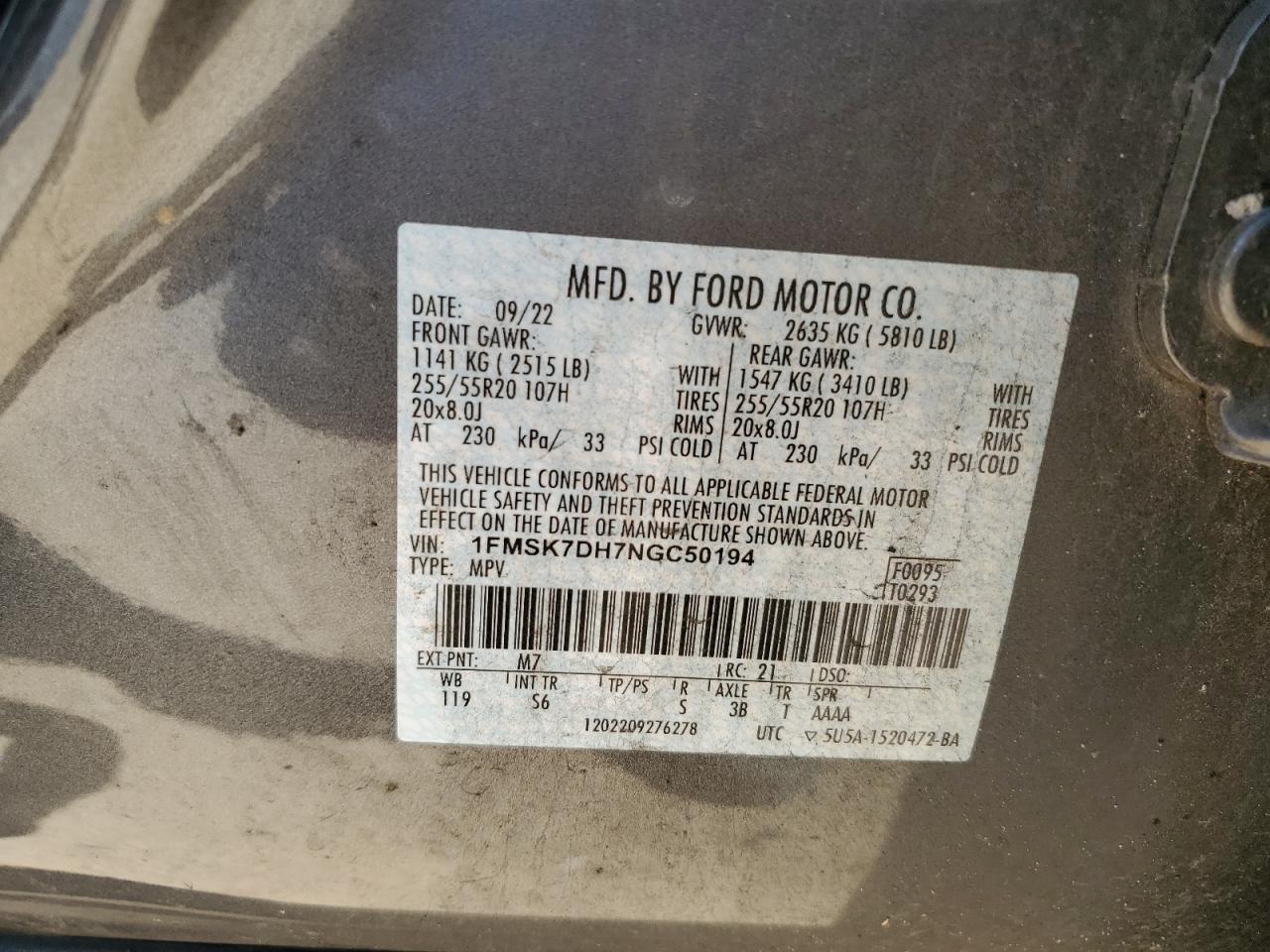 1FMSK7DH7NGC50194 FORD EXPLORER 2022