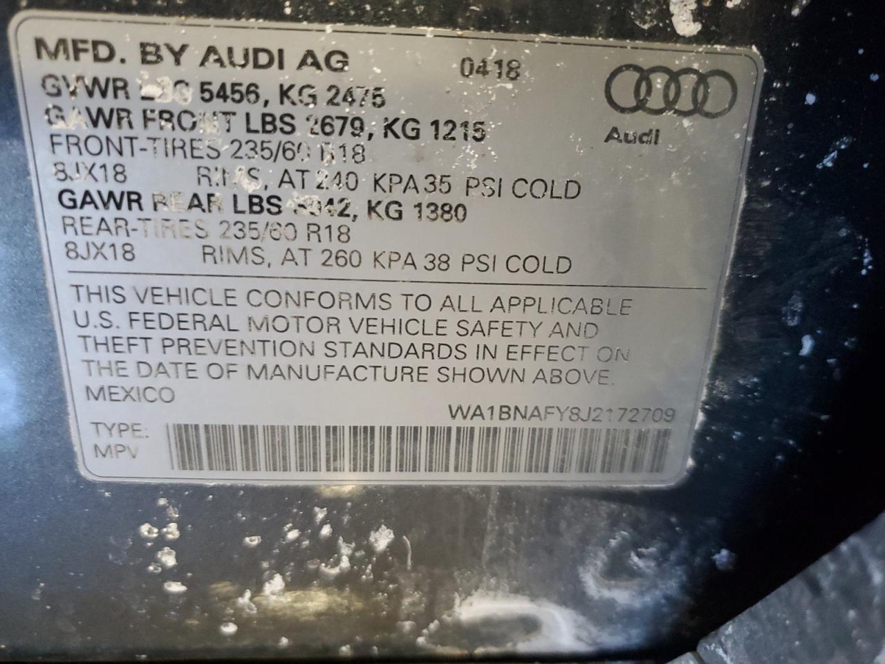 2018 Audi Q5 Premium Plus VIN: WA1BNAFY8J2172709 Lot: 46050925
