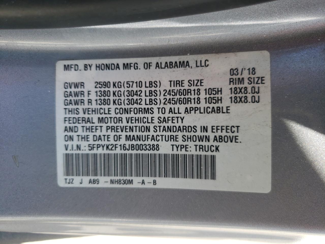 5FPYK2F16JB003388 HONDA RIDGELINE 2018
