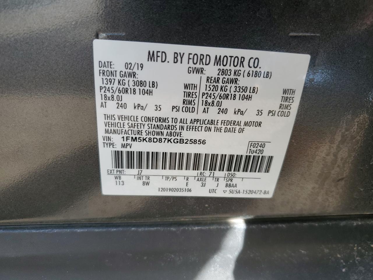 1FM5K8D87KGB25856 FORD EXPLORER 2019