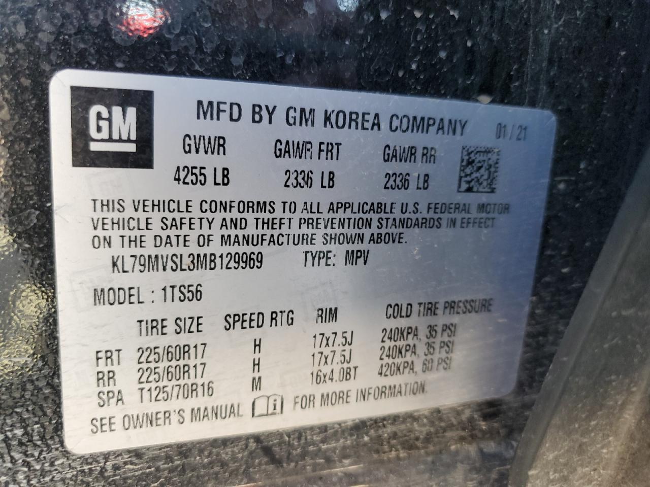 KL79MVSL3MB129969 CHEVROLET TRAILBLZR 2021
