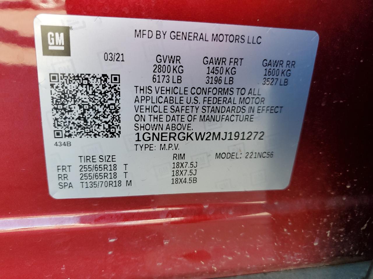 1GNERGKW2MJ191272 CHEVROLET TRAVERSE 2021