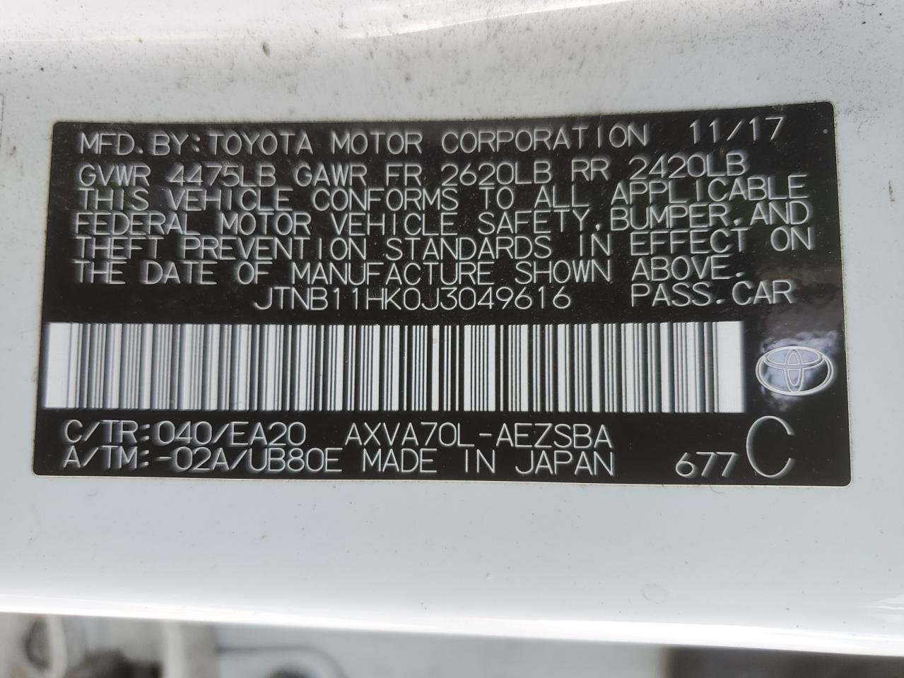 JTNB11HK0J3049616 TOYOTA CAMRY 2018