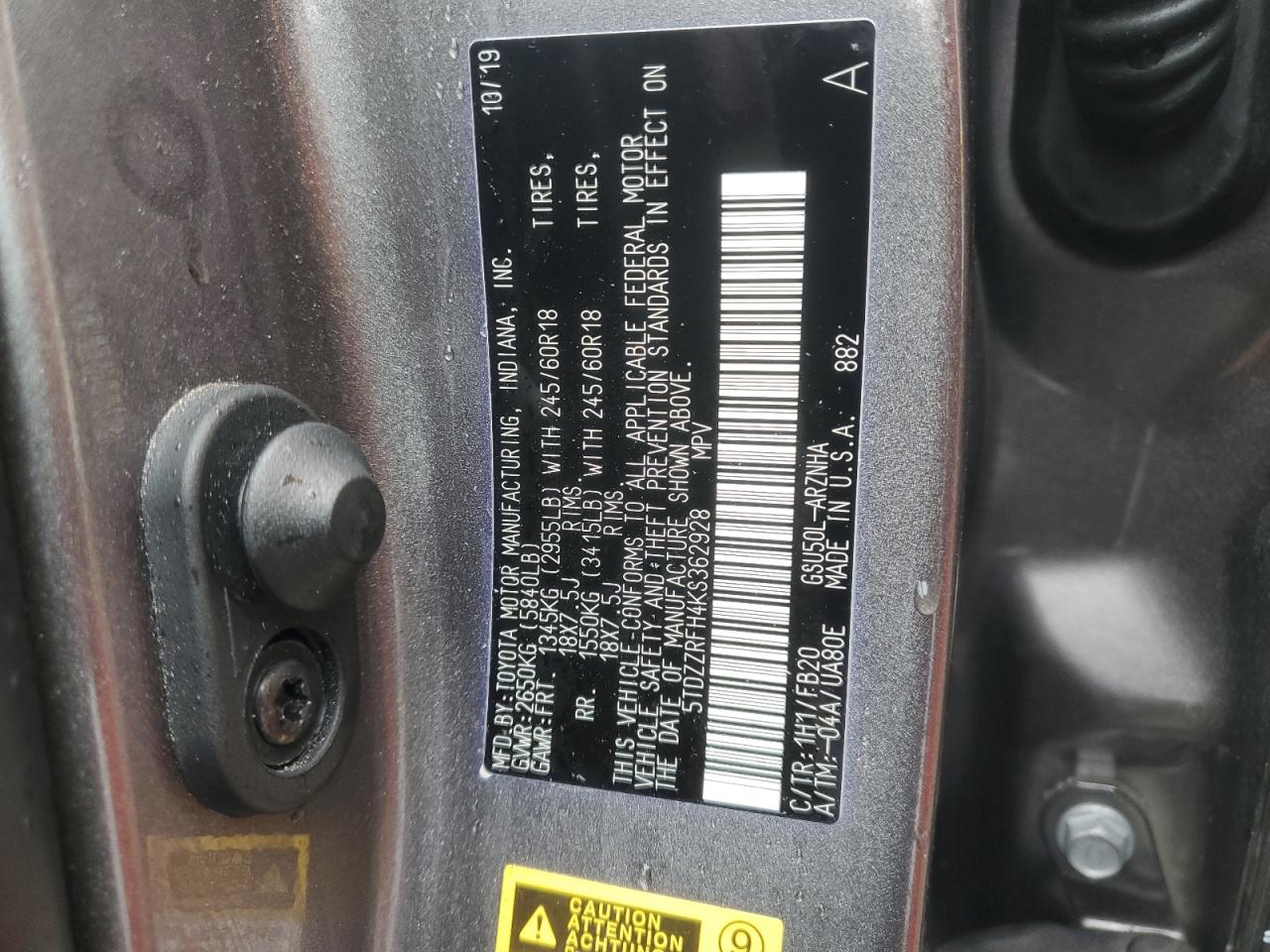 5TDZZRFH4KS362928 TOYOTA HIGHLANDER 2019