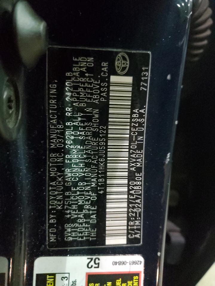 4T1B11HK6JU595122 TOYOTA CAMRY 2018
