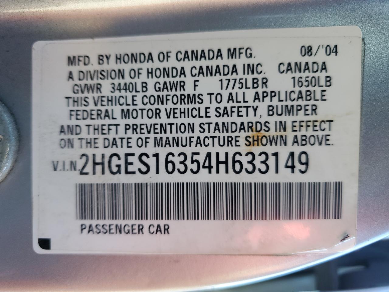 2004 Honda Civic Dx Vp VIN: 2HGES16354H633149 Lot: 45868795