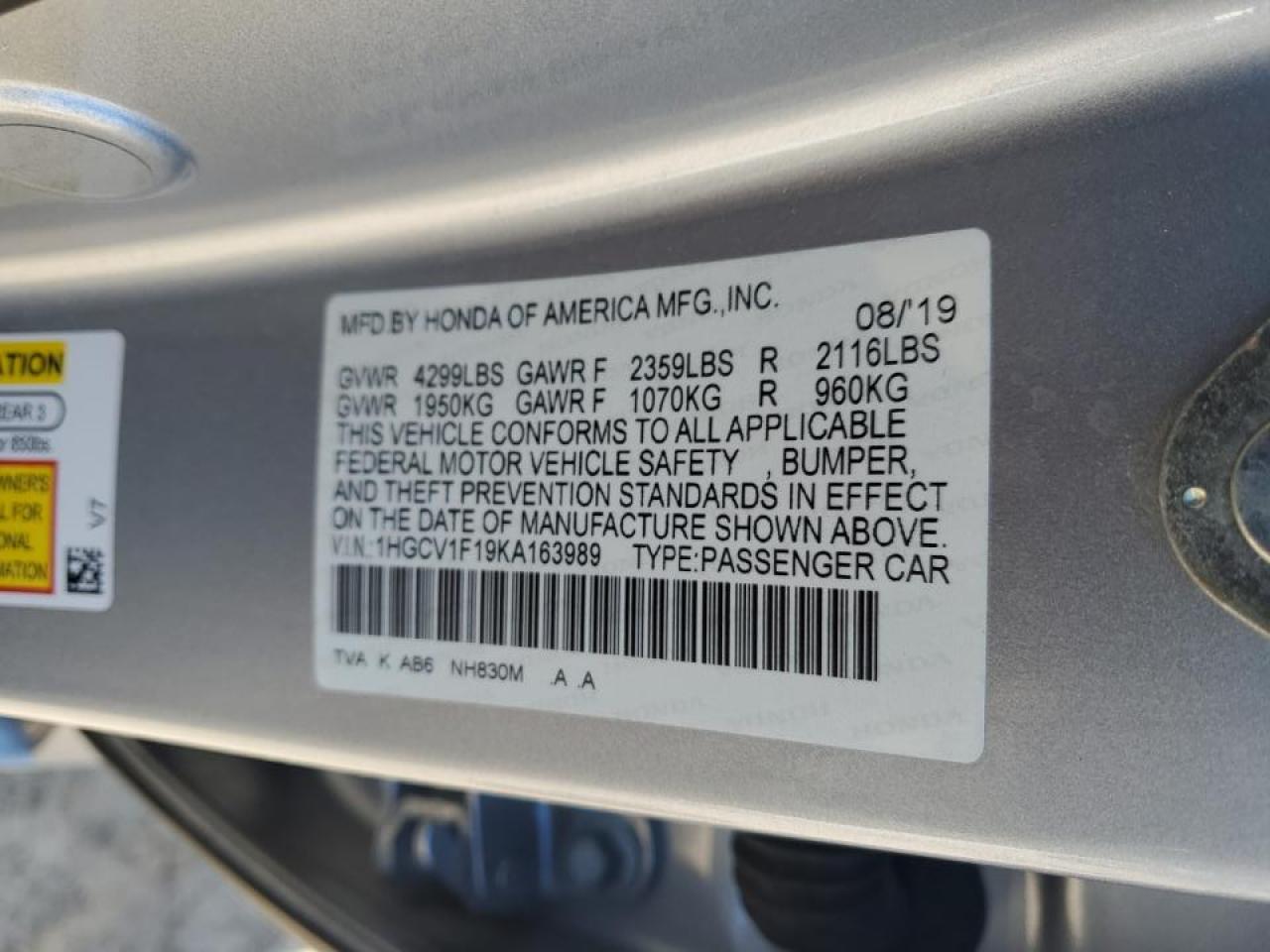 1HGCV1F19KA163989 HONDA ACCORD 2019