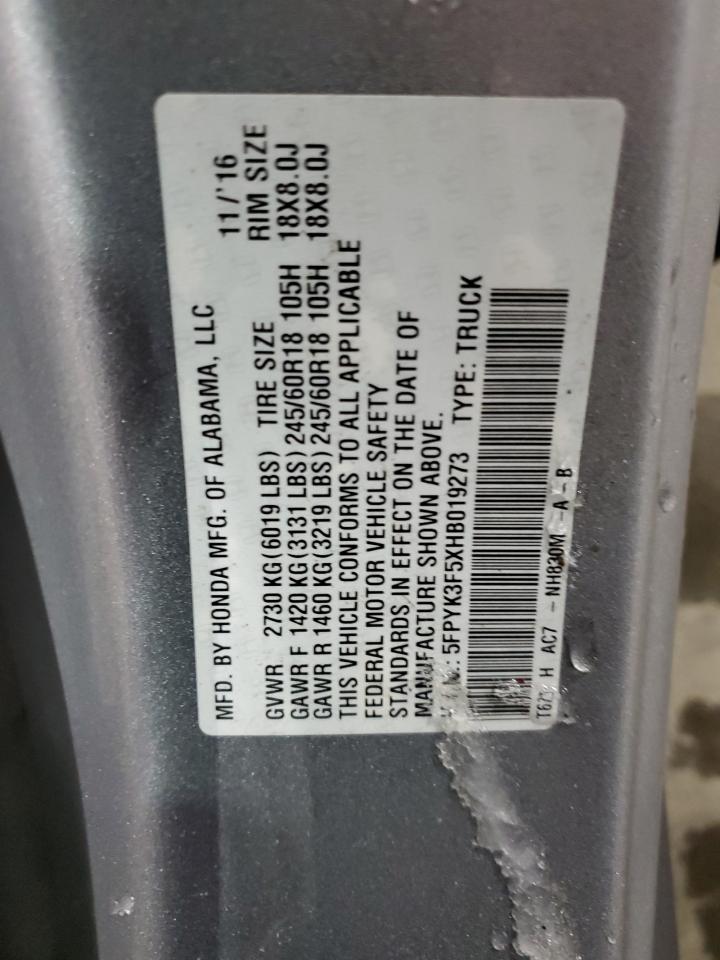 5FPYK3F5XHB019273 HONDA RIDGELINE 2017