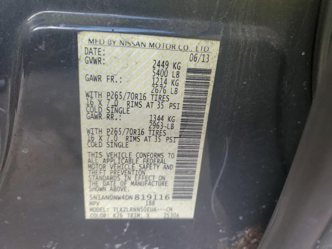 2013 Nissan Xterra X VIN: 5N1AN0NW4DN819116 Lot: 43557285