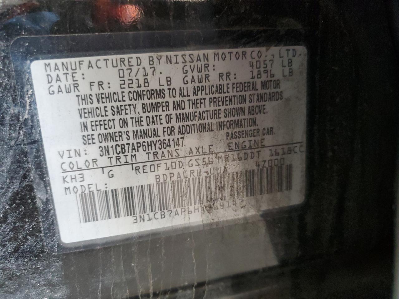 3N1CB7AP6HY364147 NISSAN SENTRA 2017