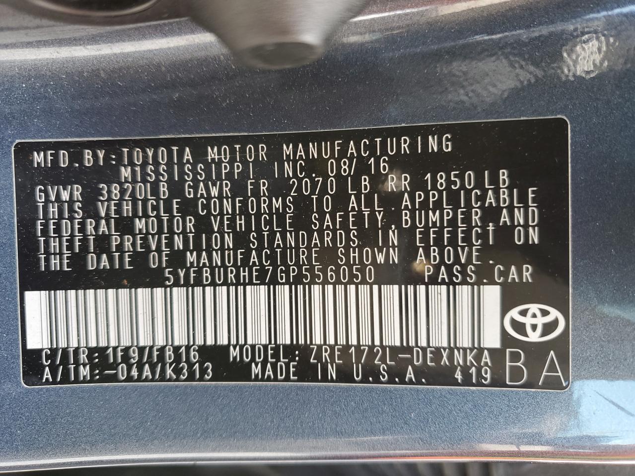 5YFBURHE7GP556050 TOYOTA COROLLA 2016