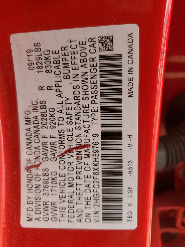 2HGFC2F8XKH597619 HONDA CIVIC 2019