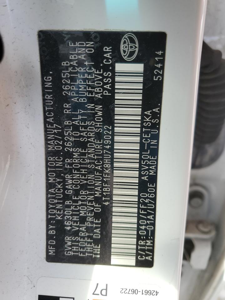 4T1BF1FK8HU749022 TOYOTA CAMRY 2017